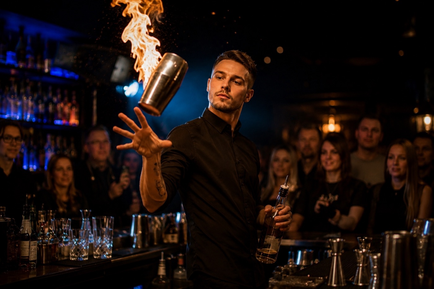 Barman s ohnivou show za barem